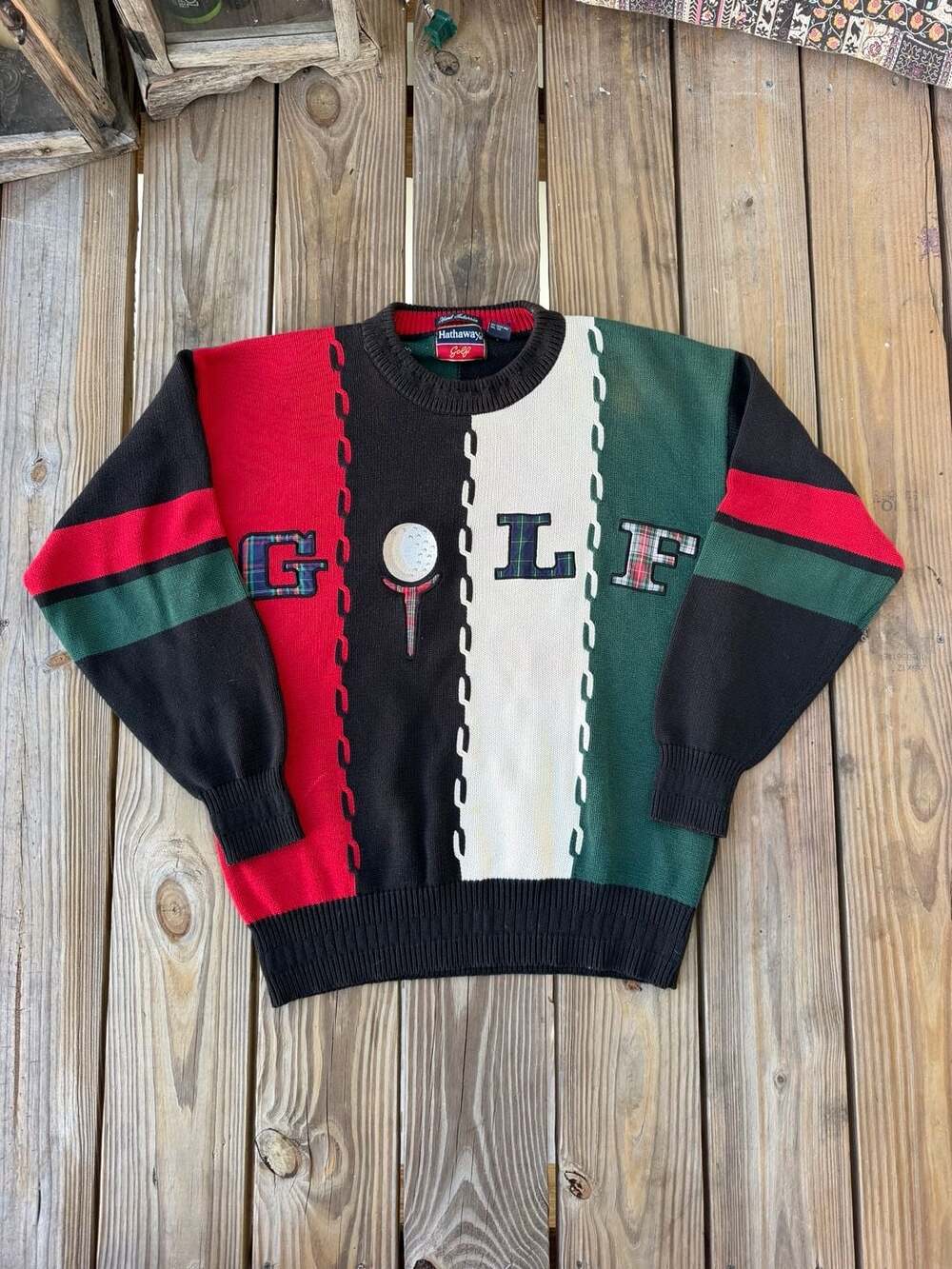 Vintage Hathaway Golf Hand Intarsia Colorblock Graphic Cotton Sweater